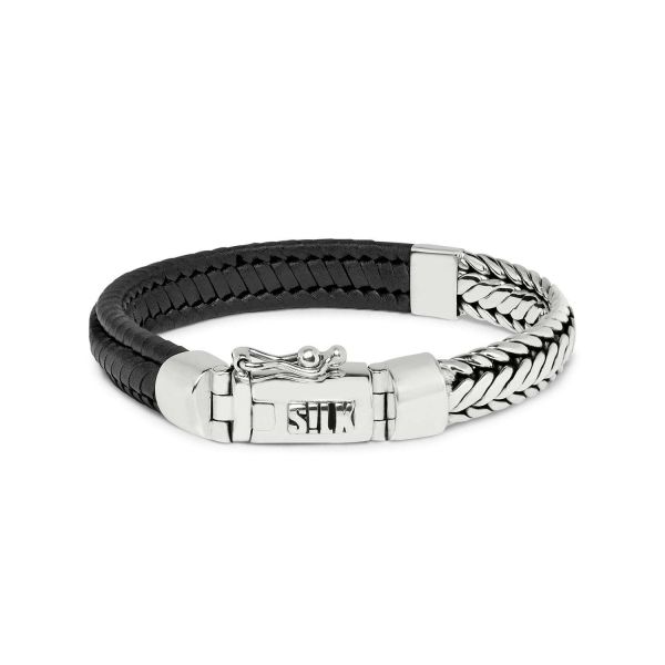 193BLK armband zilver & leer zwart ZIPP Collectie