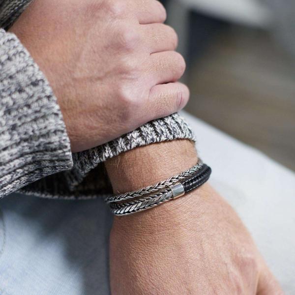 193BLK armband zilver & leer zwart Heren ZIPP Collectie