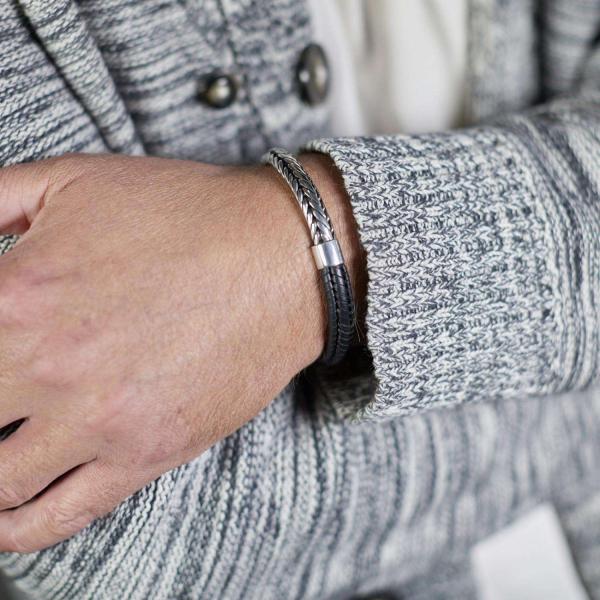 193BLK armband zilver & leer zwart Heren ZIPP Collectie